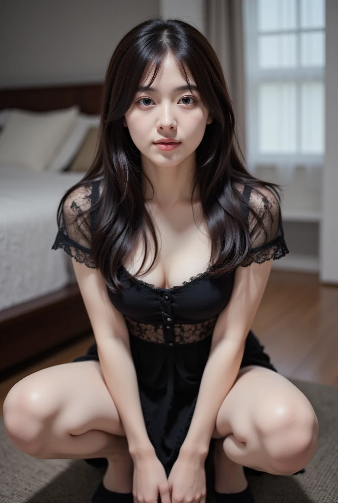 1girll,Sit on a comfortable sofa,Cross ed leg,Soft light，Black silk big breasts