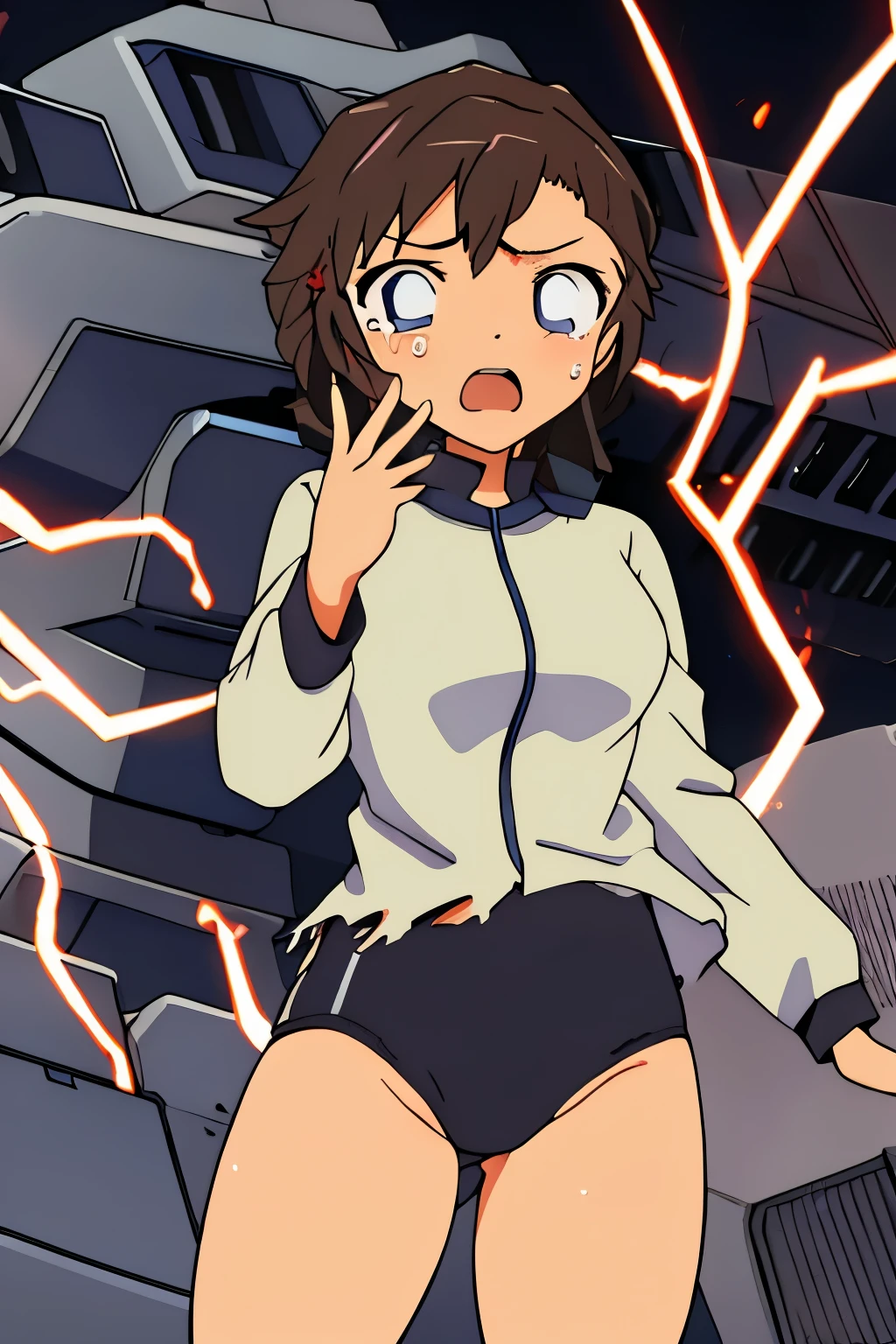 cockpit_explosion, fire, electricity, screaming, explosion, science fiction, wide-eyed, tearing clothes, standing, , scared, sweat, crying, mecha, torn clothes, tears, cockpit,1girl、wearing black gymnastics bloomers,high leg,white blouse,cowboy shot,self wedgie,bloomers pull myself,後ろに寄りかかる、体を反らせる、後ろに反らせる、串刺し、体を後ろに反らせる、エビ反り,爆風、衝撃、破壊、吹き飛ぶ、消滅、焼き尽くされる