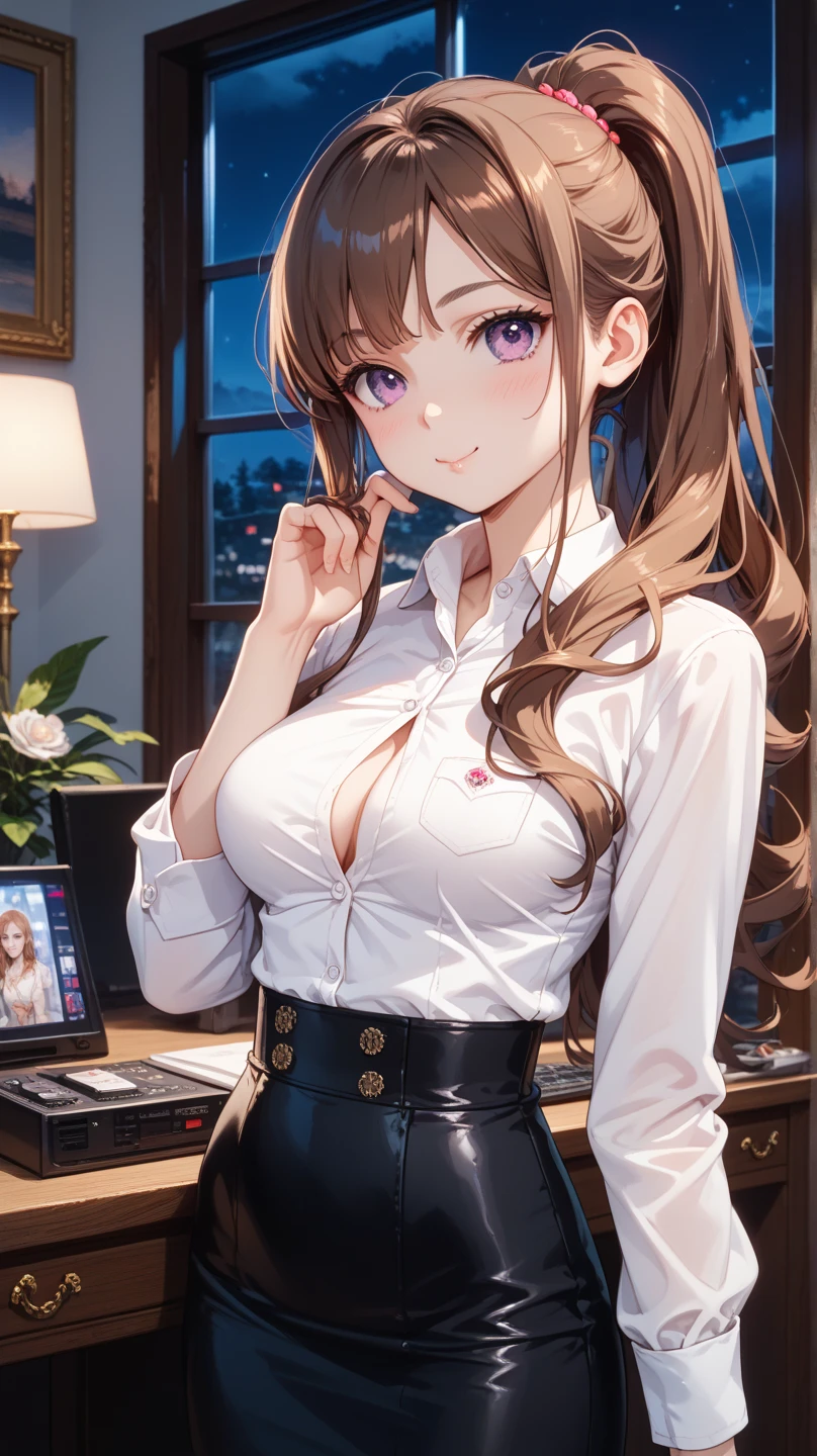 masterpiece, best quality, insanely detailed, anime style, a gir, anime, seductive anime girl, attractive anime girl,  Fine details, female anime character, Big Breasts, ecchi anime style, Cowboy Shot、Long Hair、brown hair, shiny hair, ((hairpin)), light brown eyes, hair over one eye、business suit, office lady, suit, smile, company、office, President's office