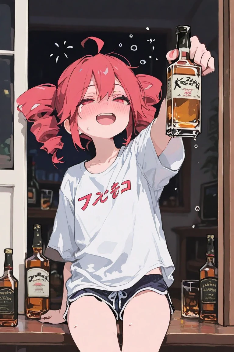 cute,girl,(coral pink hair:1.2),(straight hair:1.1),(blue eyes:1.1),Cheers with beer🍺,(beer hole:1.3),smile,(spread legs:1.15).
