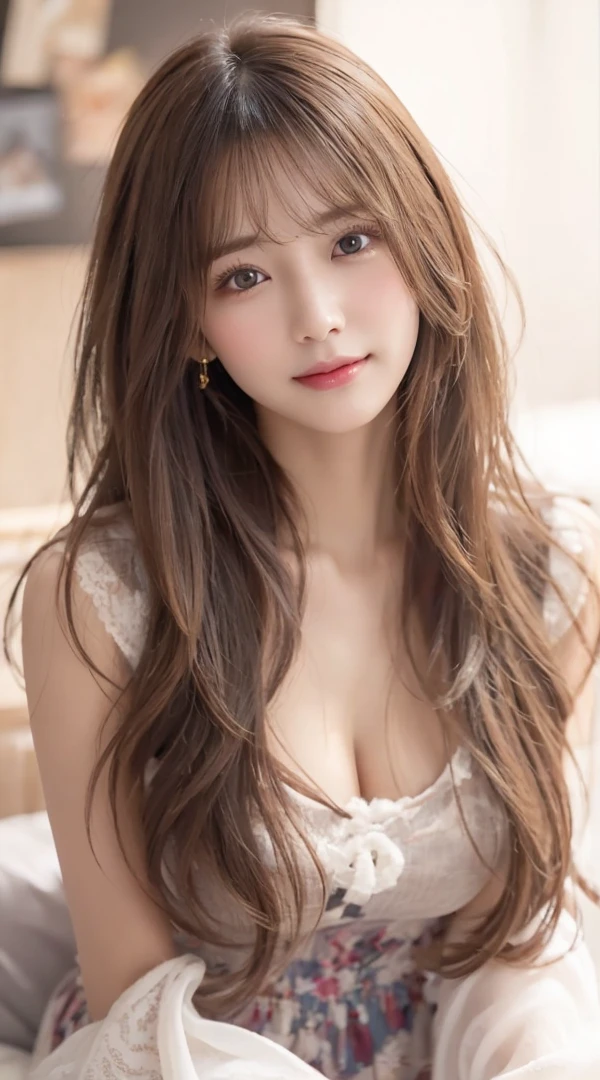 best quality, super fine, 16k, incredibly absurdres, extremely detailed, 2.5D, delicate and dynamic depiction, beautiful woman, amorous and lewd expression, light brown messy wavy hair, make-up, casual clothes, long skirt, sparkly fluffy effect, portraits, prime lenses, lens filters, clear subject