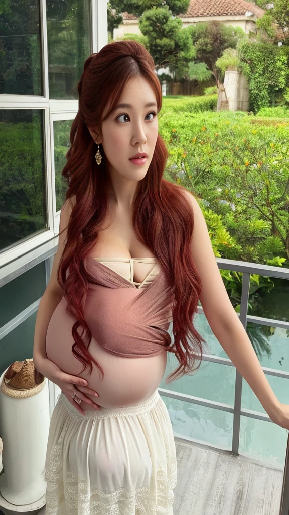 pregnant woman on her knees looking at the floor, long orange hair, blackpink Jennie, beautiful Kim Jennie, caressing her belly in a flowered forest, beautiful lighting, perfectly detailed image