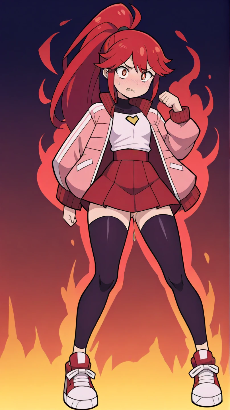 1 Girl, eyes closed, nose, elf ear, eyebrow, smiling, teeth, big red hair, black hair ends, bangs, hair between eyes, lora:add_detail, short sweatshirt on belly, short skirt, slim waist, belly , big chest, thick legs, big thigh, standing