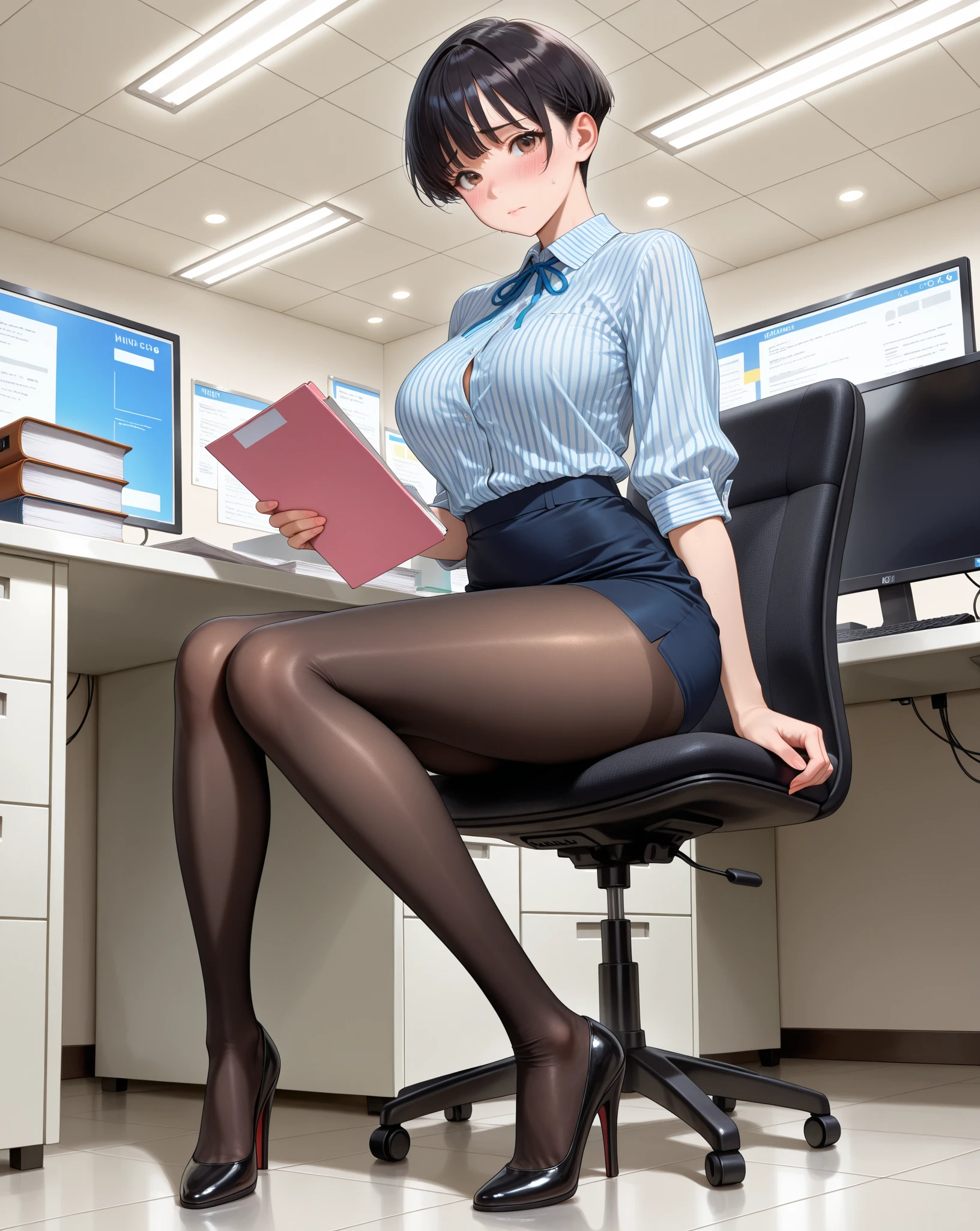 1girl, magical girl, panties,skirtlift,((upskirt)),((pantyshot)),(yellow panty),((Small panties)),(((See-through panties))),(((black pantyhose))),white race panty, ,Are crying,Anguished expression、Embarrassed look,8k,Realistic、Anime illustration,CG、masterpiece, best quality, 1 girl, solo, large breasts, short hair, black hair, pink eyes, office staff suit, jacket, pencil skirt, panties under black pantyhose, (skirt lift:1.1), (show off panties:1.1), embarrassed, office
