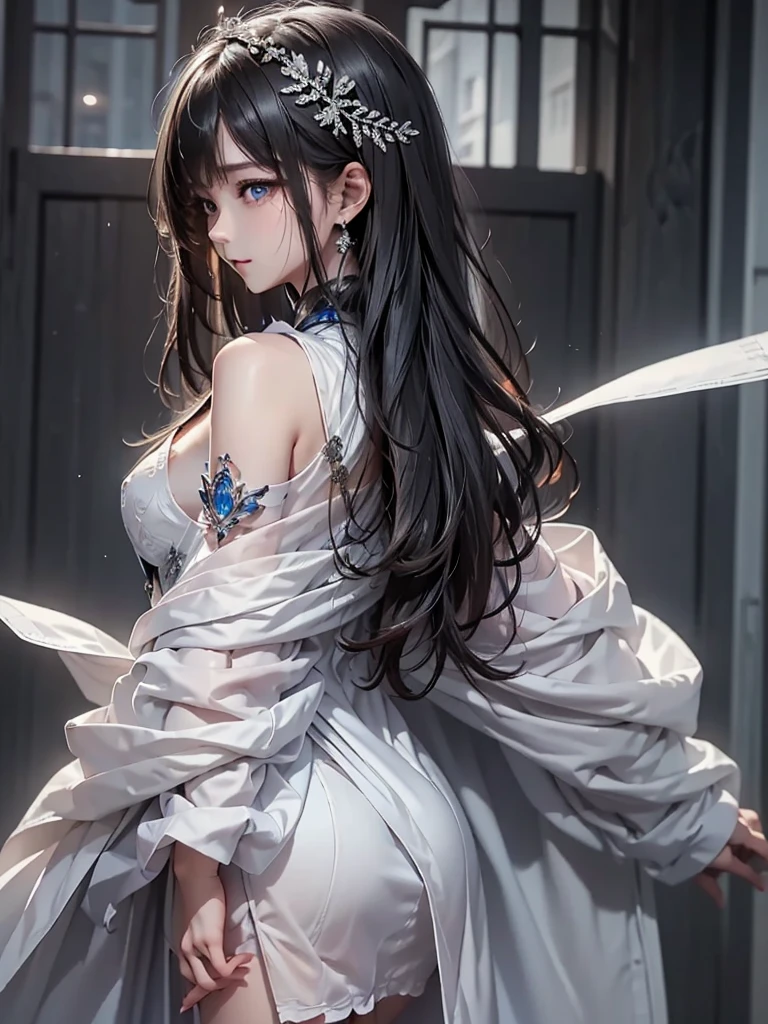 ((Girl standing in front of the wall of an old castle))、Fluorescent color、1 girl、Looking to the side、Beautiful face、Beautiful eyes、(Off the shoulder:1.2)、Upper Body、Shiny Hair、Glowing Skin、 Reduce glare、The proportions of the fingers have been adjusted、Escrow、ass pov、Dynamic Angle、(((Master part)))、(((highest quality)))、(((Super-detailed))) detailed)、(An illustration)、(Detailed light)、(Very delicate and beautiful)、Dramatic_Shadow、Ray_Tracking、reflection、 Ultra-high resolution、((A girl with colorful hair and mesh in her black hair))、 Her hair flutters in the wind、(Large deep blue eyes)、Black Haired Woman、 Sparkling Butterfly、Black-haired woman、Points of light around the woman、Magical Aura、Green dot、Aura About Natural、超Magical AuraBlack-haired woman,((Semi-transparent white open shoulder dress:1.3))、(No sleeve)、((My skirt is flying up in the wind)),((An old European castle is hazy in the distance)),((White panties are visible)),