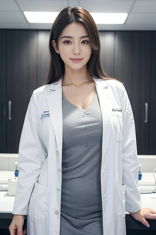 ((she is a doctor:1.3)), in hospital lab, (doctor in a white lab coat:1.1), (Doctor's attire), masutepiece, Best Quality, Ultra-detailed, finely detail, hight resolution, 8K Wallpaper, Perfect dynamic composition, Beautiful detailed eyes, mid-chest, Natural Color Lip, Random and sexy poses, Smile,28 years beautiful women, good tits, Examination room, stethoscope