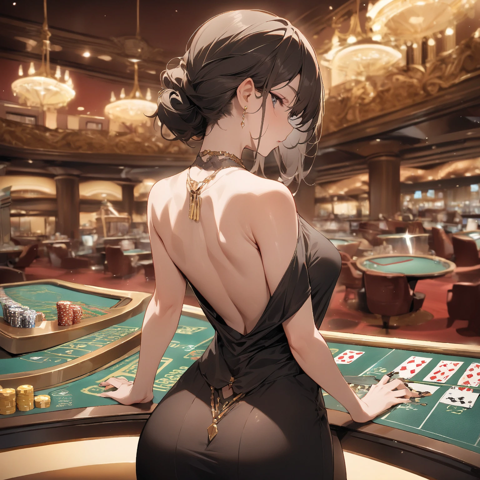(Highest qualityのイラスト:1.2), (cute女の子:1.1), from behind, ((hip focus)), (1 girl、17 years old), (1 girl、Kind eyes、blue eyes)、Black Hair、Semi-long hair、(Highest quality、非常にdetailed、cute、Ultra-high resolution) 、Black Hairの美少女、Bunny girl、Bunny ears、Black leotard、Fishnet tights、High heels、Round ass、casino、look around、masterpieceサイドライト、masterpiece、Highest quality、detailed、High resolution illustrations), Soft Focus