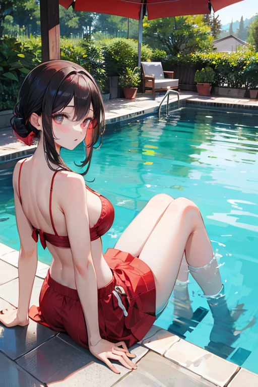 japanes a beauty girl kawaii A sexy Nice Buddy Beautiful breasts full bodyesbian sit a chair A dark-haired Long bangss a navel belly button piercing a wet body The drops red bikini Wet bikini frilld seductiv the feet thighs thighs thighs thighs frontage Glowing A slight smil On the rooftop nighttime scene nigh sky Will natta Night Pool swimming pools Tropical 夏天 Palm trees cocktails kirakira Mechanical Live Action a picture high-level image quality realistic super realistic