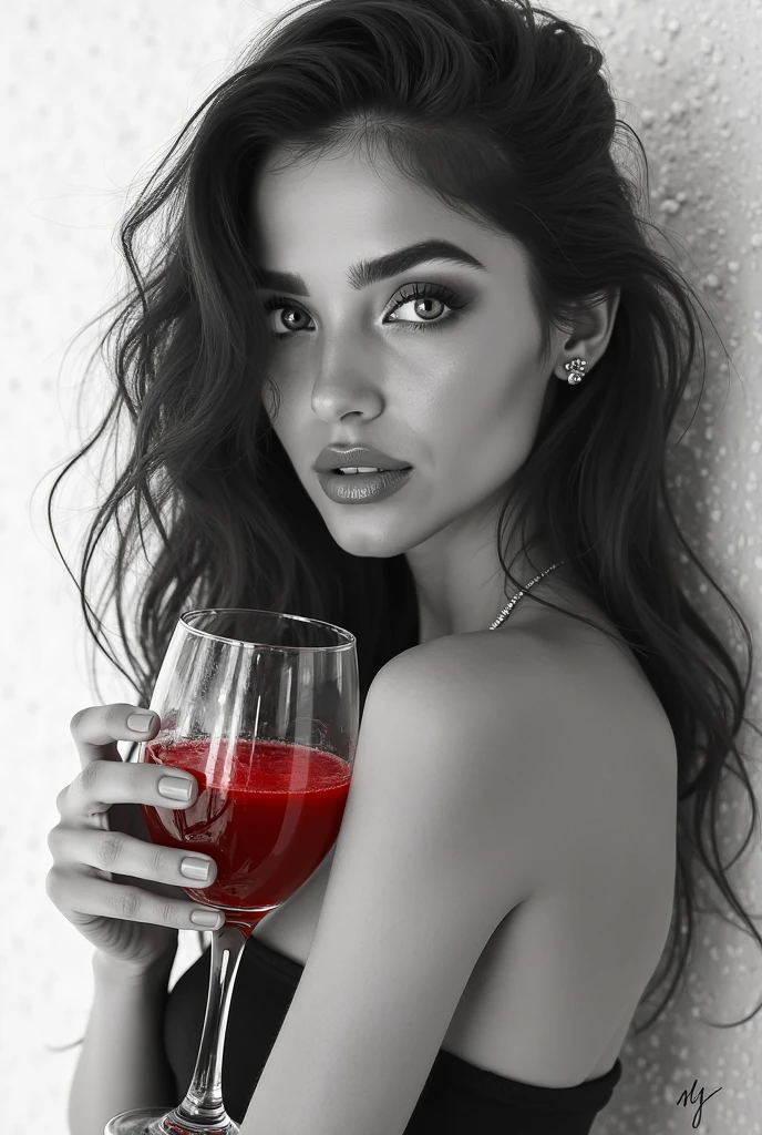 Uma mulher bebendo seu drinks de lingerie vermelha com um corpo escultural