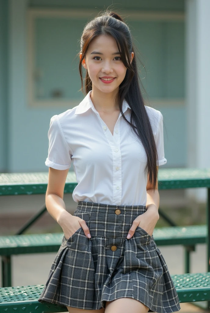 ((masterpiece)),(detailed),(perfect face),(thin),((sexy long legs)),((beautiful legs)),(slim),((middle-size chest)),((tits slip)),(horny smile),((very sexy emotional face)),((very long straight hair)),(looking at viewer),(black hair),((trained body)),((smiling)),(top-quality),(Photo realsitic:1.4),Raw photo,((two 13 year-old girl)),(((Random hair)),(((Take different poses))),glowy skin,(Happiness:1.2),(she wearing Thai university uniform black pleated mini skirt:1.5),((Thai university white short sleeve shirt:1.5)),((portrait)),((beautiful long legs:1.5)), ((in front of Thai university stairs:1.5)), Thai script in background, ((brown belt)), ((detailed cute face:1.5)), ((14-yo Thai nisit girl:1.5)), ((long beautiful legs:1.5)), nsfw, beautiful thigh, ((white panty:1.5()