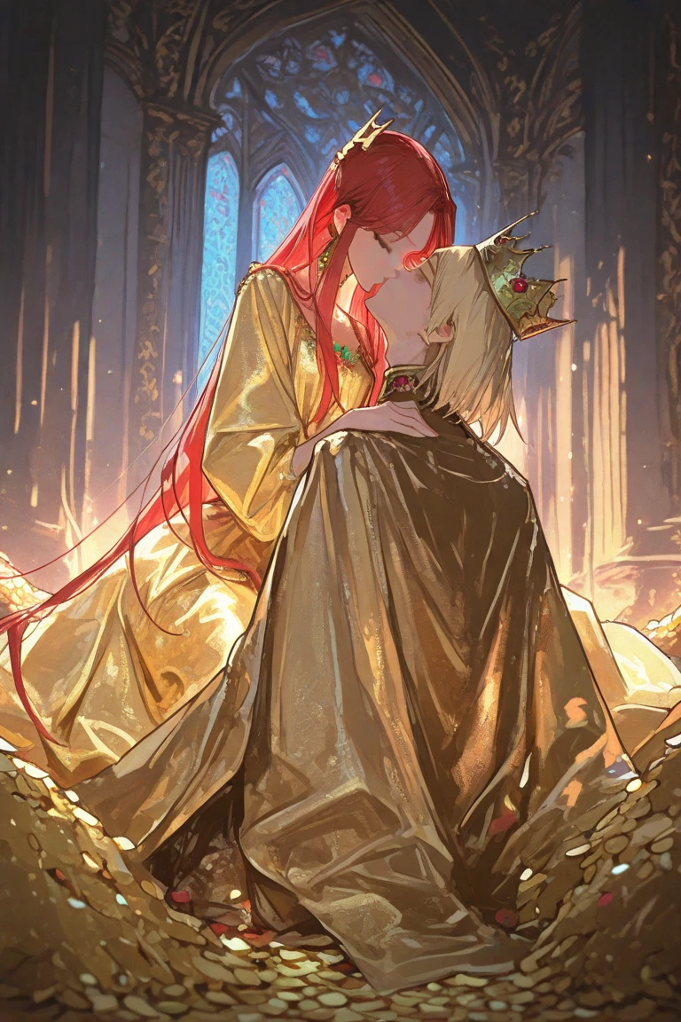 a beautiful woman with long orange hair and blue eyes, dressed in a long white full-sleeve garment sitting on a bed, a slightly sad look and a smile on her face, patting her adorable cute little blonde sleeping daughter on her lap.
