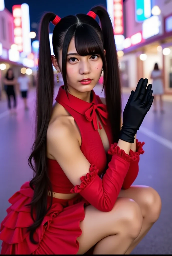 Adult woman with bunny ears and red bunny costume with long black hair and cute tail, angle from behind