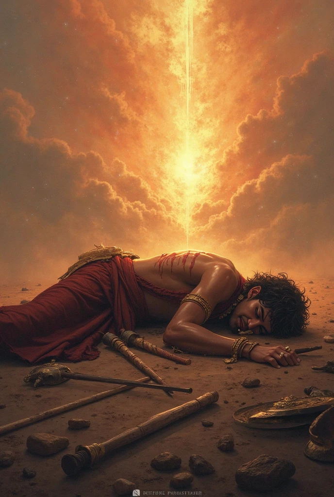 "A powerful and symbolic scene showing the devil defeated. The devil is in a subjugated position, defeated and fallen, with an expression of frustration and defeat. The surrounding scenery is dramatic and intense, with a combination of dark colors and extinguished flames to emphasize the end of its power. There may be symbols of your defeat, like chains, ruins or signs that its influence has been broken. No fundo, there may be a radiant light or glow that symbolizes the victory of good over evil. The image should convey a sense of triumph and resolution., highlighting the definitive defeat of the devil."