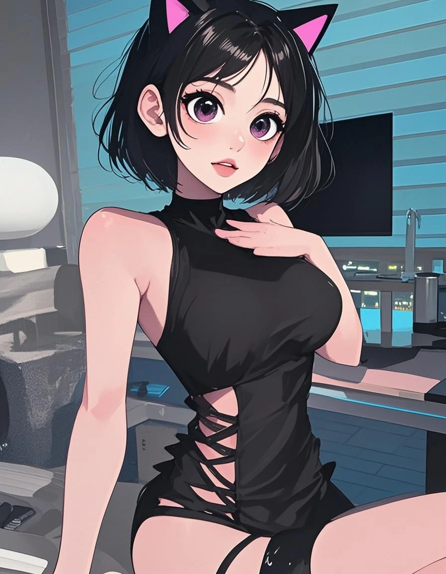(Catwoman),, Cat ears, Black Hair, Business casual attire, Cool, Red Dress Shirt, beautiful red eyes, Cat&#39;s Tail, ((Crimson eyes: 1.3, Eyes turned upward: 1, Perfect eyes, Beautiful and delicate eyes, gradient eyes: 1, Delicate and beautiful eyes: 1, Symmetrical eyes: 1, There is a big bright spot on the eye: 1.2)), (((skin shiny: 1.5, Bright skin: 1.5, skin expo, shiny skin, Very shiny skin, Shiny body, Plastic Glitter Leather, Exaggerated shiny skin, Skin glow))), (Detailed body, (Delicate face)), (((skirt))), high resolution, Clear focus, Super detailed, Very detailed, Very high quality artwork, (Practical, Reality: 1.37), 8K_wallpaper, (Very detailed CG 8K), (Very exquisite 8K CG), ((Hyper Super Super detailed Perfect Piece)), (((Perfect masterpiece))), illustration, Vibrant colors, (Wheels within wheels), High contrast, Selective lighting, double exposure, HDR (High Dynamic Range), Post-Processing, Background blur，Large Breasts，Sexy，full-body shot，front，For the audience，in the garden