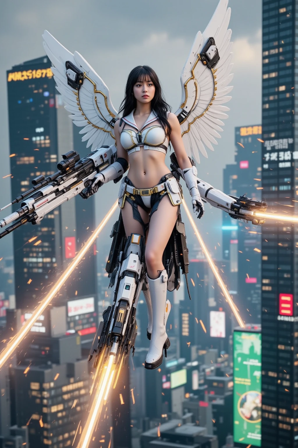 ((Best quality)), ((masterpiece)), (highly detailed:1.3), 3D, beautiful, (cyberpunk:1.2), in space, nebula, holding_weapon, laser, (1Female mecha:1.3), sexy body, facing the audience, Glowing eyes, full body, (flying, swooping down, dynamic, motion blur: 1.4), (huge mech wings: 1.6), looking up, glowing_eyes, mecha, panorama, background is earth, nebula, space, particles, Reality, HDR (High Dynamic Range), Ray Tracing, NVIDIA RTX, Super Resolution, Unreal 5, Subsurface Scattering, PBR Textures, Post Processing, Anisotropic Filtering, Depth of Field, Maximum Clarity and Clarity, Multilayer Textures, Albedo and Specular maps, Surface shading, accurate simulation of light-material interaction, perfect proportions, Octane Render, two-tone lighting, large aperture, low ISO, white balance, rule of thirds, 8K RAW, efficient sub-pixel, sub-pixel volume product, (best quality),(Japanese:0.5),(korean:0.8), (Liu Yi Fei:1.5) long hair, (big breast:1.2)