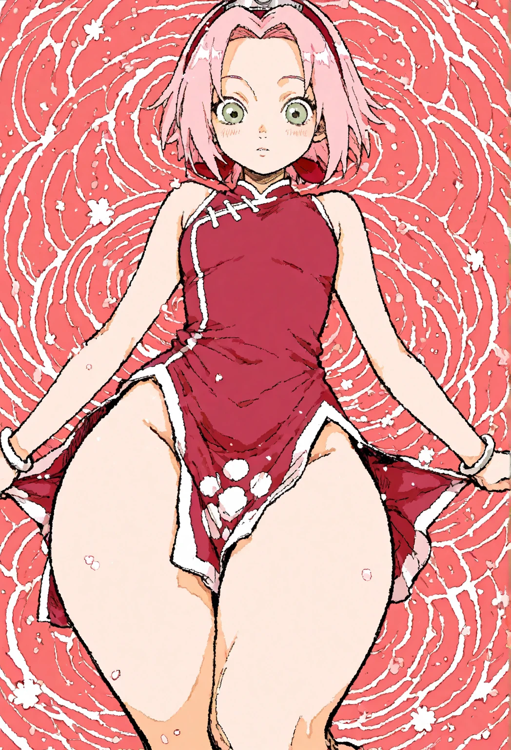 女の子1人、(qipao dress)、cleavage of the breast、Standing、red blush、Light smile、green colored eyes、A pink-haired
