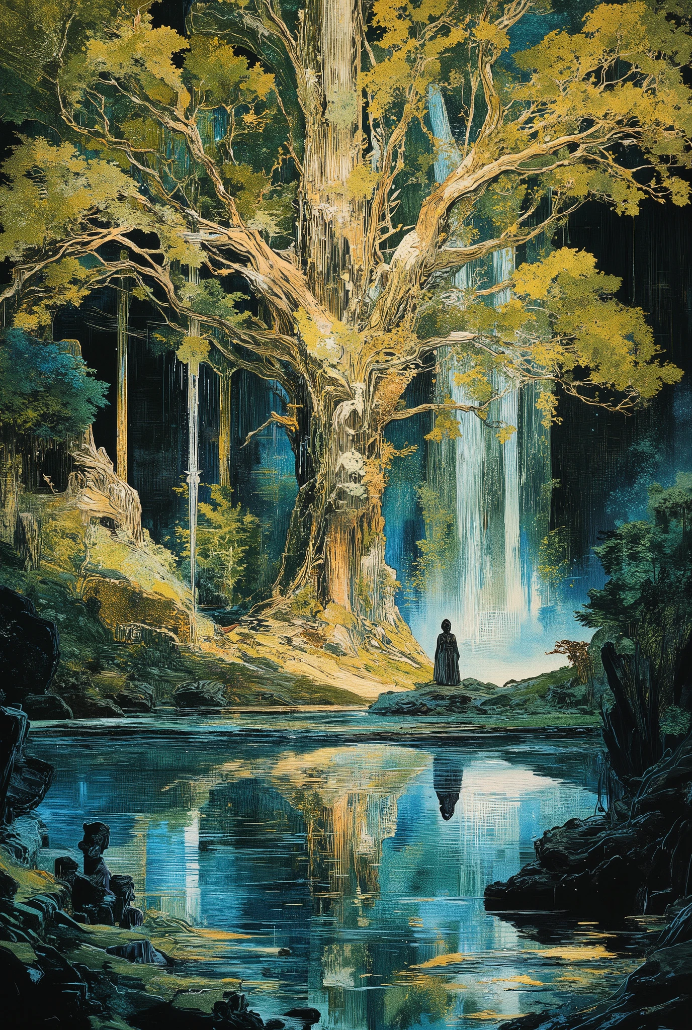 Summer tree design using art deco musha, plants, 1girl、Daytime, lake