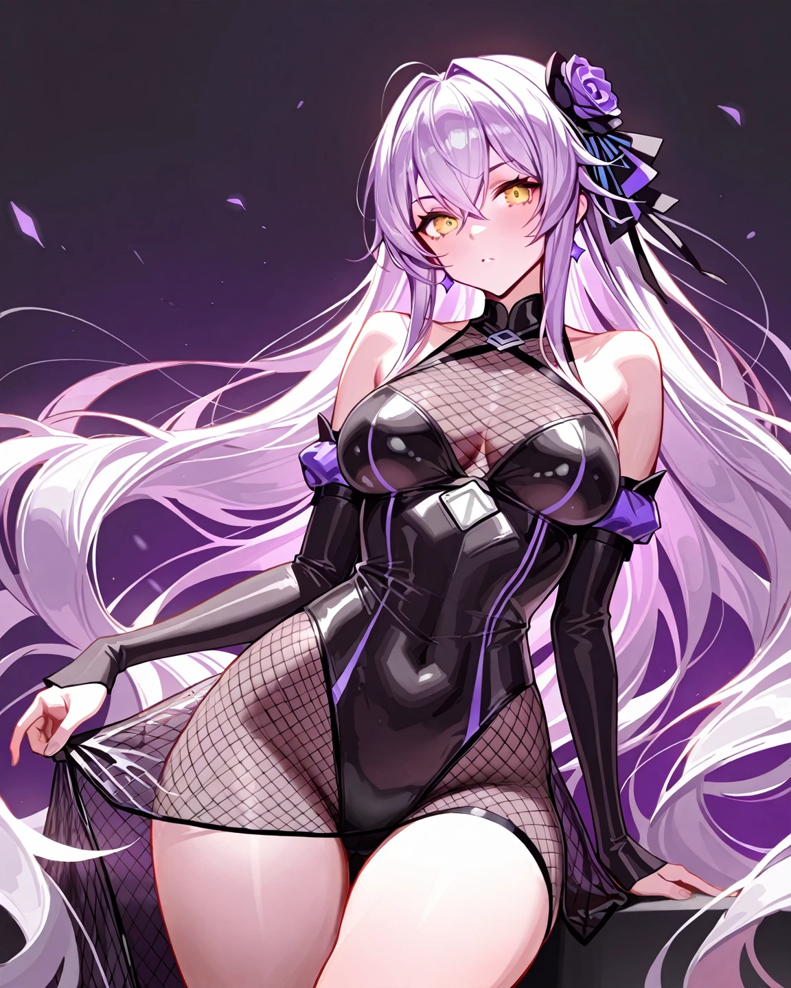 masutepiece, Best Quality, girl with、((Beautiful detailed eyes))、 (Detailed light)、depth of fields、Light purple hair、Light purple eyes、Long、Dark blue robe、Less exposure