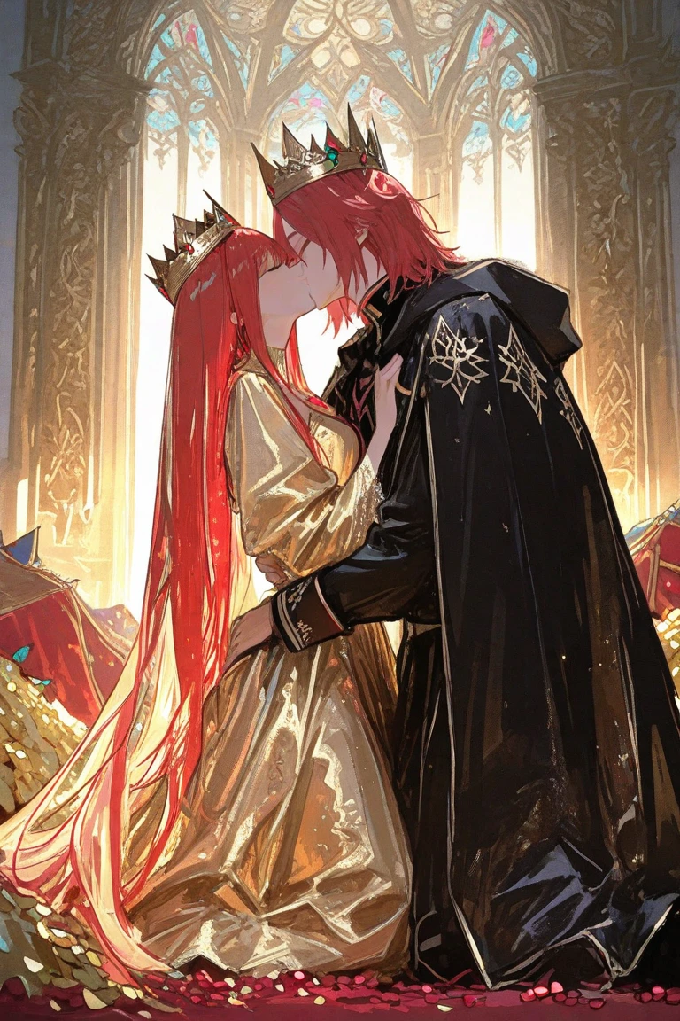 ((Highest quality)), ((masterpiece)), (detailed), （Perfect Face）、The woman is Maya Cordelia, the Demon Queen, with orange semi-long hair. She is wearing a luxurious black vintage wedding dress with gold embroidery and trim, along with a black wedding veil. She is also adorned with luxurious earrings and an engagement ring, completing her look with opulent accessories.、The woman is a Devil, embracing the wicked Demon King man, sharing a vowing kiss, celebrating a Devilish wedding.、The woman became the wife of the demon king, becoming the demon queen and becoming the demon king's companion for life.、The woman loves her husband, the great demon lord, with all her heart.、The man is a dignified, powerful Great Devil, the Demon King of the Demon Race, a Great Devil with a monstrous form