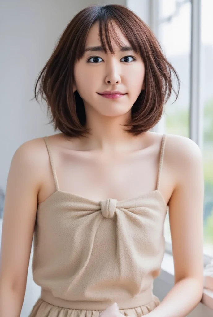 Highest quality, Face Focus, Soft Light, Ultra-high resolution, (Realistic:1.4), RAW Photos, 1 Japanese girl, alone, cute, (A shy smile:0.5), (Brown eyes, light in your eyes), Beautiful face in every detail, (Small Box),(High resolution detail of human skin texture), (Short Bob Hair), BREAK, , Highest, skirt