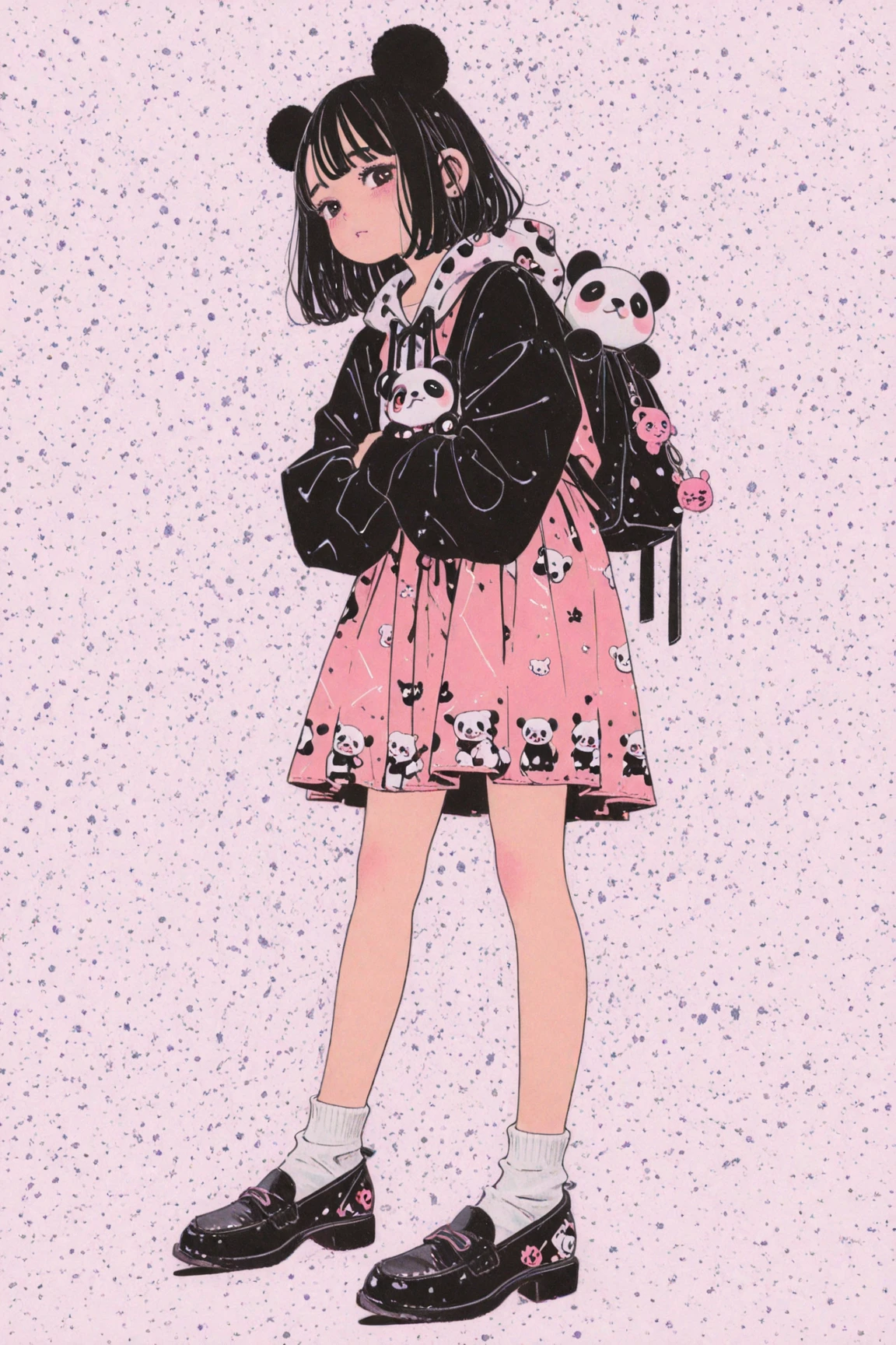 This character is playful、Depicted in dynamic poses, Kicking movement,dark haired,slightly open,wearing a black and white panda pattern hoodie with panda ears,wearing a pink skirt and a layered dress with ruffles,wearing black loafers,Carrying a small backpack,A baby little panda is running beside her mother,abstract background in soft pastel colors,enhances her vivid taste,Animeキャラクター,drawn in a powerful composition on a big screen, Anime, production Animeーションセル, candy punk character design,   Production Art