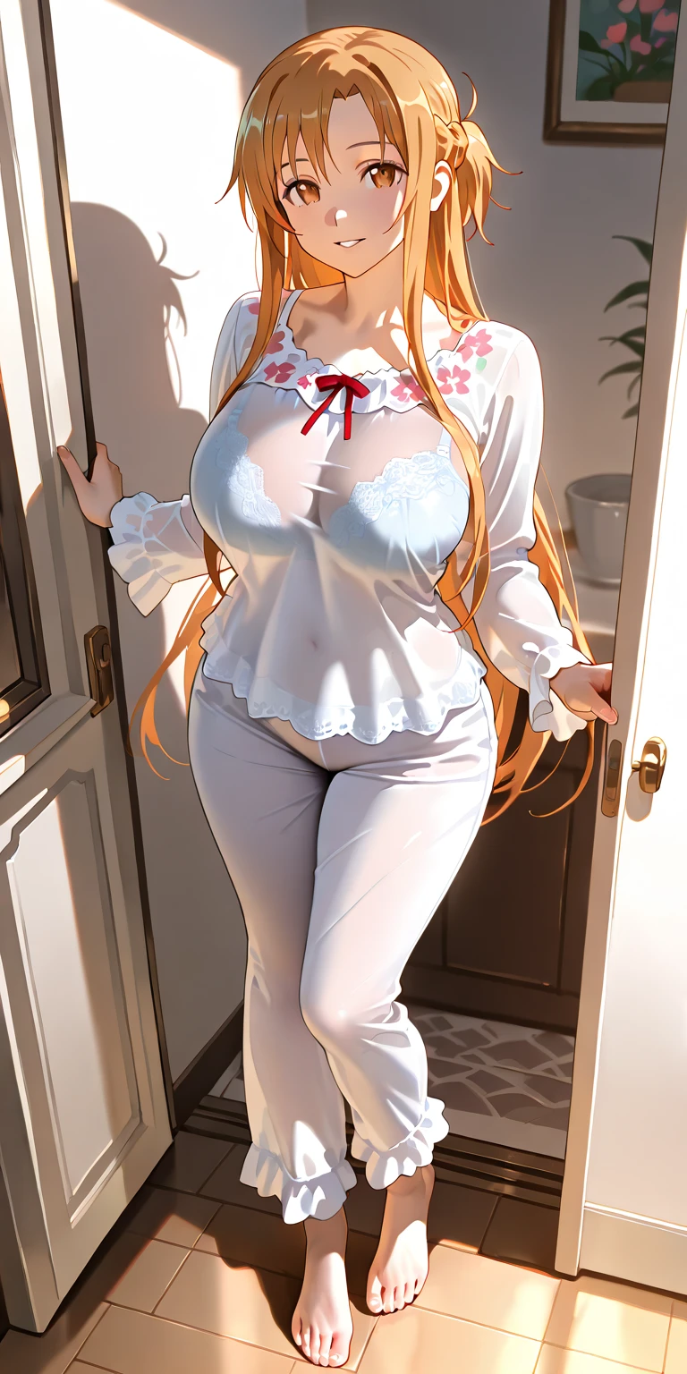 tmasterpiece,(best qualtiy:1.2),the sunset,lens flare glow,lighting perfect,highest quality,gigantic cleavage breasts,Full body shot of a beautiful,Look through the curves of your body in sexy cream pajamas,Stand at the front door,facing the photo,Yellow light is emitted from the outer chamber,(brunette color hair,gorgeous figure)