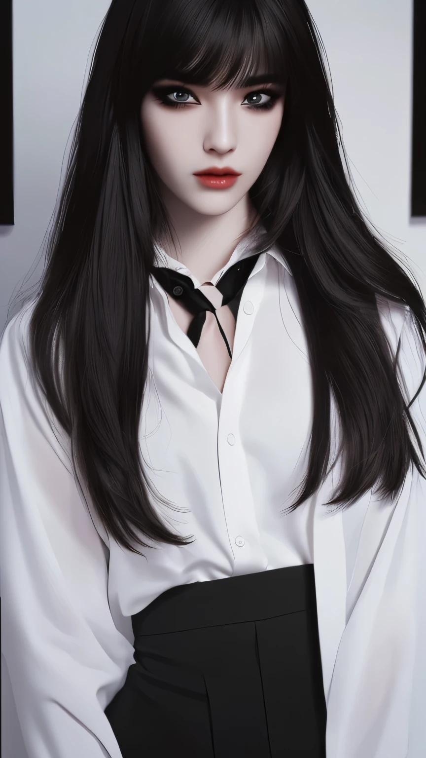 (Photorealistic: 1.5),long black hair,black pupils,cat eyelashes,wearing white shirt and black pants with black tie,highly detailed,high quality,high resolution portrait
