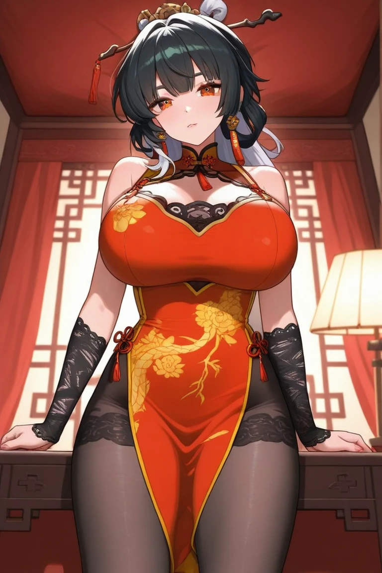 1 Woman, mature, High (1.85 cm), looks about 35 years old, has long black hair, straight and shiny, tied in the Chinese Taoist style, majestic black eyes, Extremely detailed eyes, perfect eyes, đôi mắt cực kỳ thực tế, balanced eyes, Long eyelashes, Anime style, perfect face, milf face, full red lips, mature, smooth white skin, natural body, sexy body, milf body, Perfect hands, detailed hands, arms in proportion to the body, đôi tay thực tế, arm with good anatomy, She was wearing only a red Chinese style dress decorated with gold and silver with phoenix motifs woven into the dress but still could not hide her extremely large and gigantic breasts., very big breasts, four hands can lift,breasts sag due to their size, thick thighs, wide hips, look at the viewer, The background is a Chinese-style pavilion., pose alone, look at the viewer.