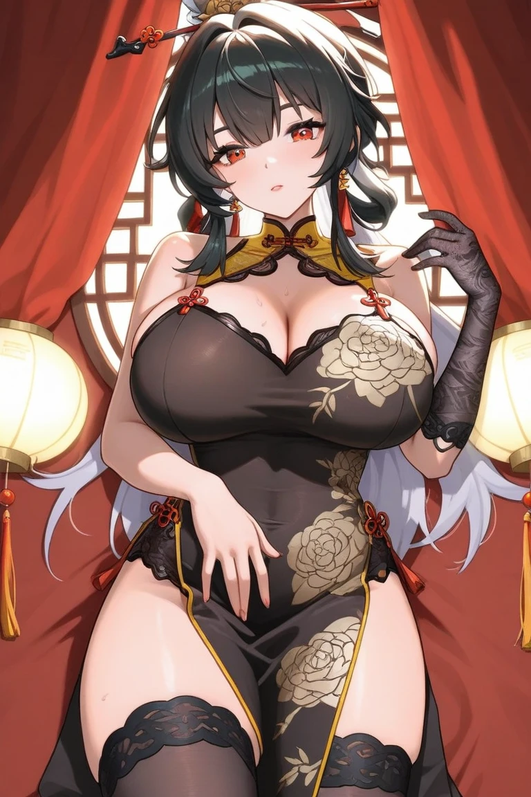 Girl,full bodyesbian,(Detailed face:1.2), Masterpiece, Fashion,Chinese dress,, Medium hair, Black hair, double tails, Blunt bangs, Brown eyes,(huge tit:1.5),(Pubic bone:1.3)