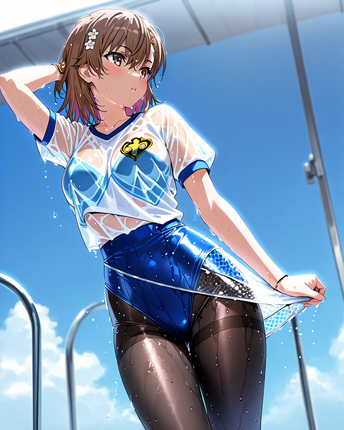 Primary school students beautiful girl (((Dark brown skin))) Princess Connect Peeing Sailor suit School Swimsuit sweat Cradling face with both hands wariza Embarrassing