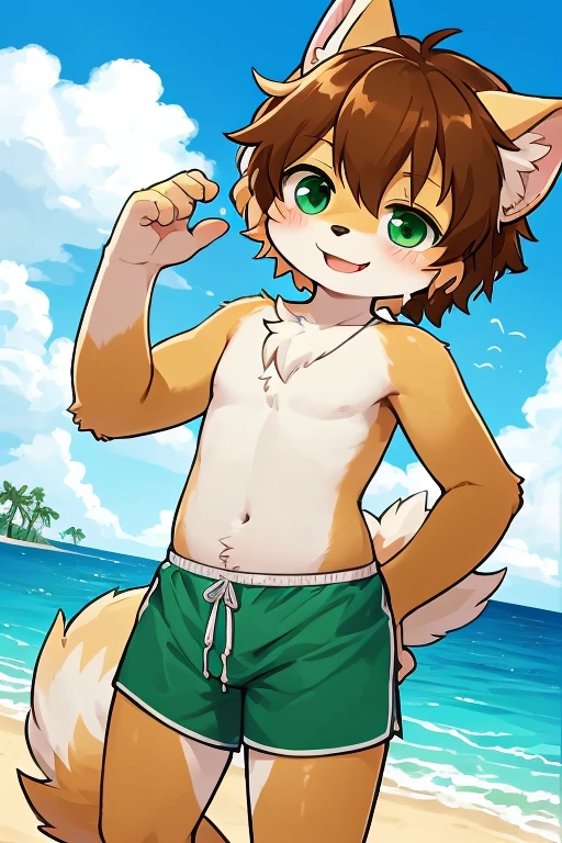 Kemoshota, naked, paw pose, straw hat, topless, swimming pants, enjoying beach party with his Shota friends, smiling