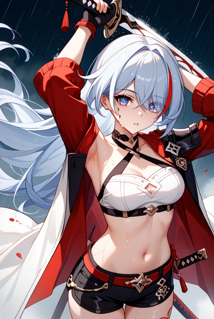 best quality, masterpiece, highres, solo, {white kimono:1.35}, {red hakama:1.35}, {wide sleeves:1.20}, {aurora_arknights:1.15}, animal_ears, bear_ears, long_hair, blue_eyes, hairband, black_hairband, hair_over_one_eye, bangs, breasts, white_hair, upper_body, large_breasts, cleavage, blush, eyes_visible_through_hair, very_long_hair, smile, navel, hair_ornament, stomach, hairclip, grey_hair