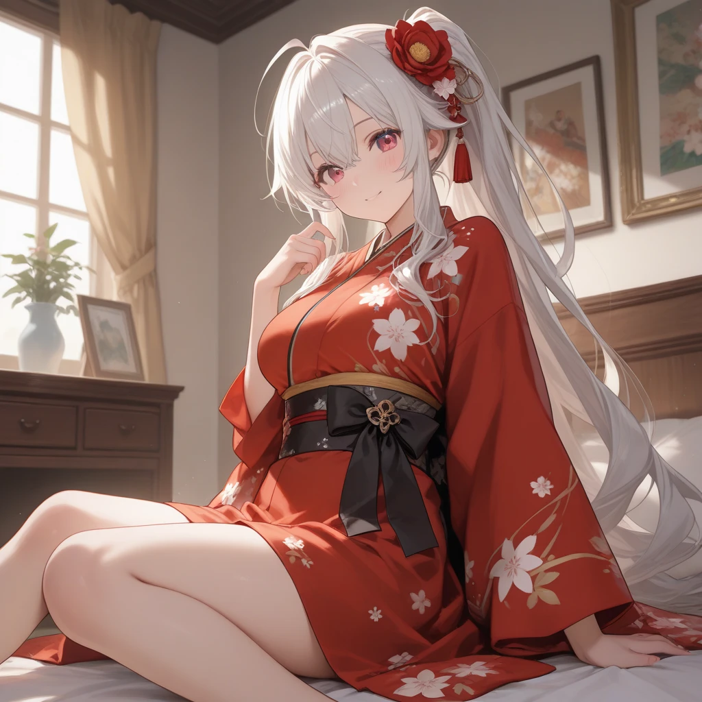 In a traditional Japanese room with wooden shoji screens and paper doors, a samurai warrior lies on a futon, covered in bandages that reveal the intensity of the battle she fought. Her black hair falls loose on the pillow, and her face shows signs of exhaustion, yet still radiates stunning beauty. Beside her, a delicate young woman with snow-white hair and dressed in a white kimono with intricate phoenix embroidery, tends to her with devotion. Her soft and gentle hands change the bandages, while her face shows deep concern and love. The soft, warm light of the room highlights the connection between them, in a scene of tenderness and love amidst battle and pain.
