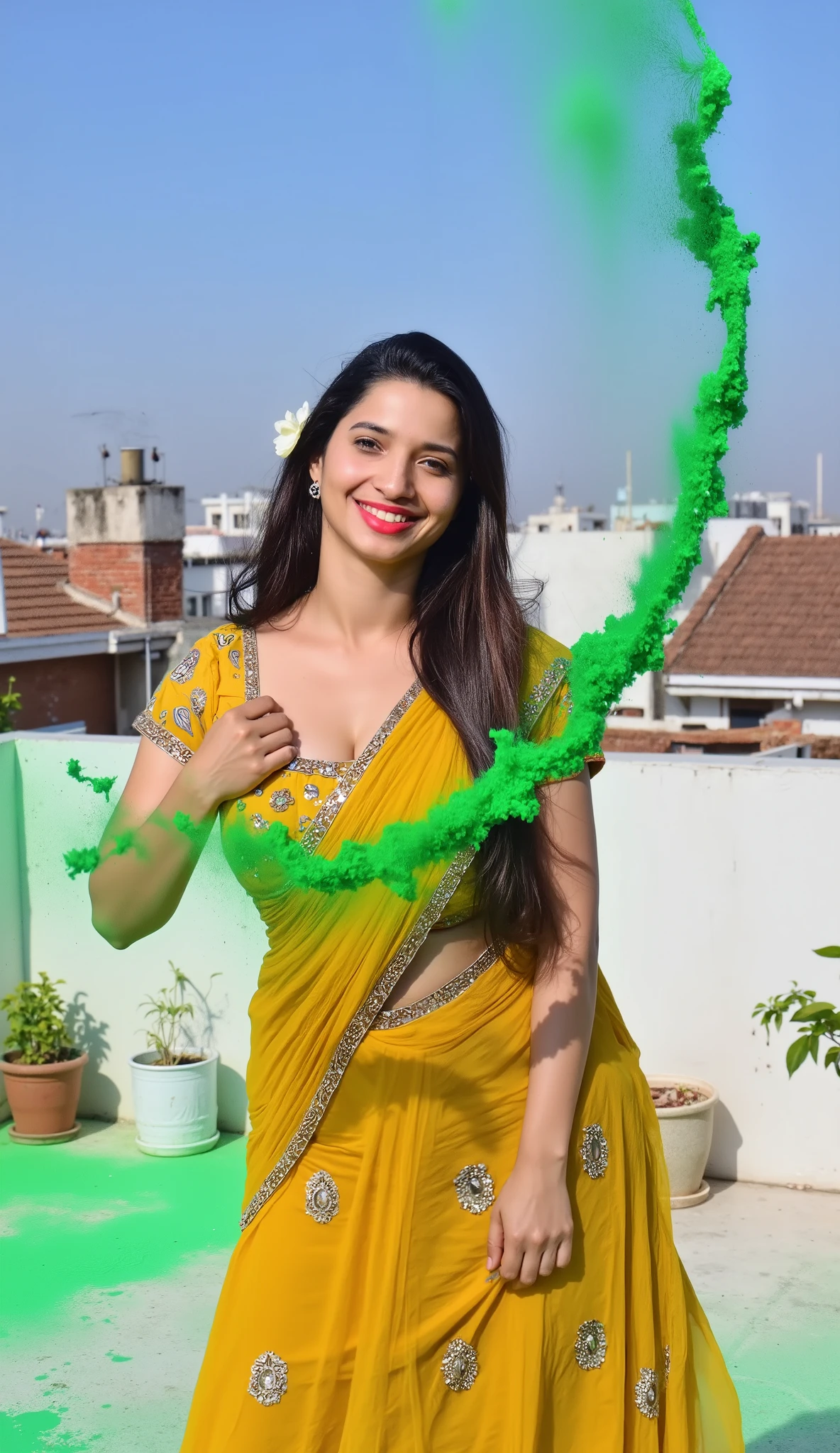 An Indian woman joyfully playing Holi on a rooftop during a sunny day. She is dressed in a traditional mustard yellow lehenga with intricate embroidery and mirror detailing. Her long black hair is adorned with white jasmine flowers, and she strikes a playful, defensive pose as a large splash of green colored water is thrown at her from behind. The rooftop floor is already stained with green color, creating a vivid festive atmosphere. The background features neighboring houses, clear blue sky, and traditional Indian rooftop elements like potted plants and railings. The scene captures movement, laughter, and the vibrant energy of Holi.