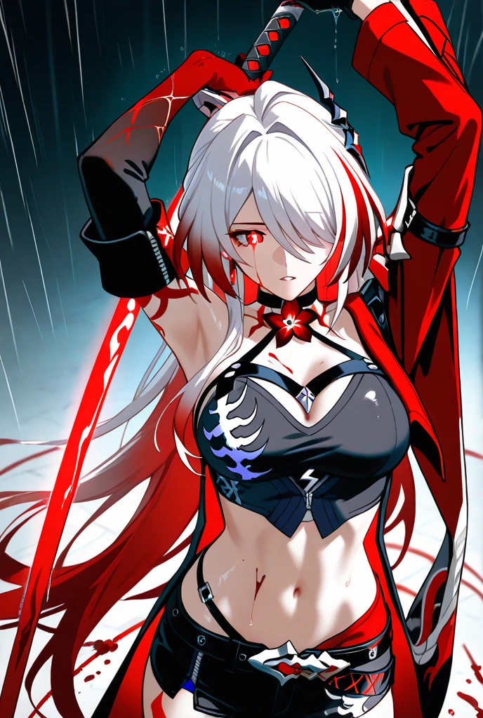 An adult woman half fox and wolf, wide breasts, red eyes, white hair, very angry, in a black little open dress, holding a sword