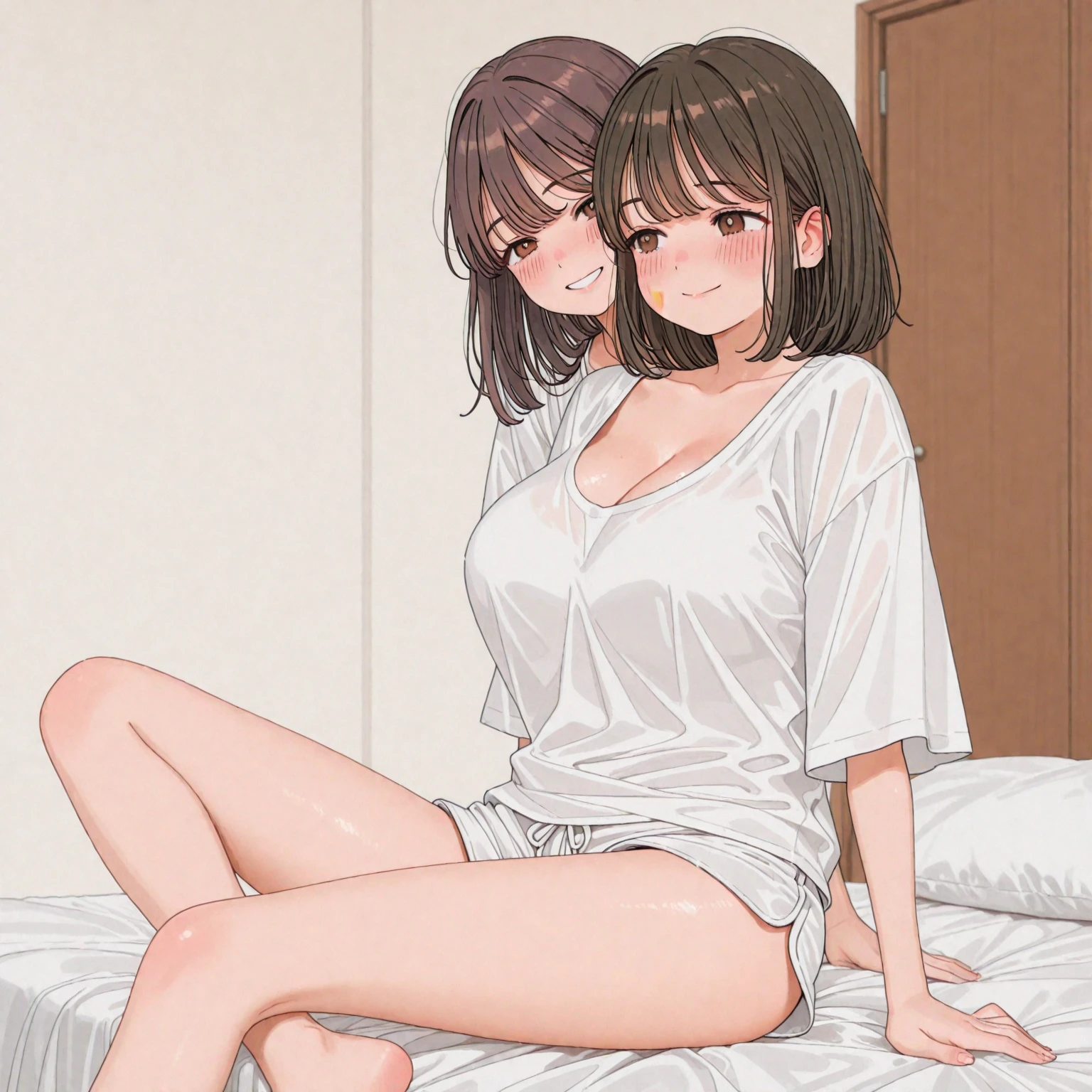2D，highest quality，(masterpiece)，(full body)，((girl１people))，Semi-long hair that reaches to the shoulders，((amber brown hair))，((beach waves))，healthy dark skin，((denim hot pants))，「cheap」A pink tank top with the words，Shiny bare legs，barefoot，beautiful brown eyes，attractive thigheaty ass，Sloppy body shape，Bedroom，Get drunk，upper grade，cheeks are bright red，Cute with bruises，devilishly sexy，erotic look，Large drops of sweat all over the body，It&#39;s stuffy，sleep with your legs stretched out、my room、perfect limbs, perfect anatomy, anatomically correct、((lie down on the bed))