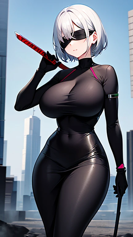 1girl, white hair, very short hair, red bodysuit, bodysuit, green eyes, futuristic, machinery, science-fiction, huge breasts, toned, breasts, thick thighs, smile, thighhighs, black thighhighs, ((black thighhighs)), neon trim, neon, neon lights, ((red bodysuit)), mature female, pantyhose, ((pantyhose))