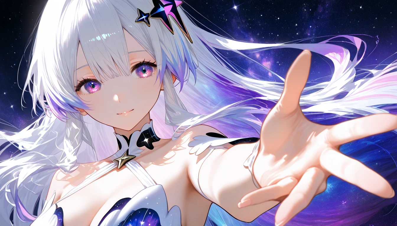 realisti、a girl、 Emilia Li:zero、Crown blade、Flower hair accessories、×Haarschmuck、grey hair、Long hair、purple eyes、Fantasies、Ice magic effect、Enlightenment、Piece flies、smile、mini skirt、white knee socks、
