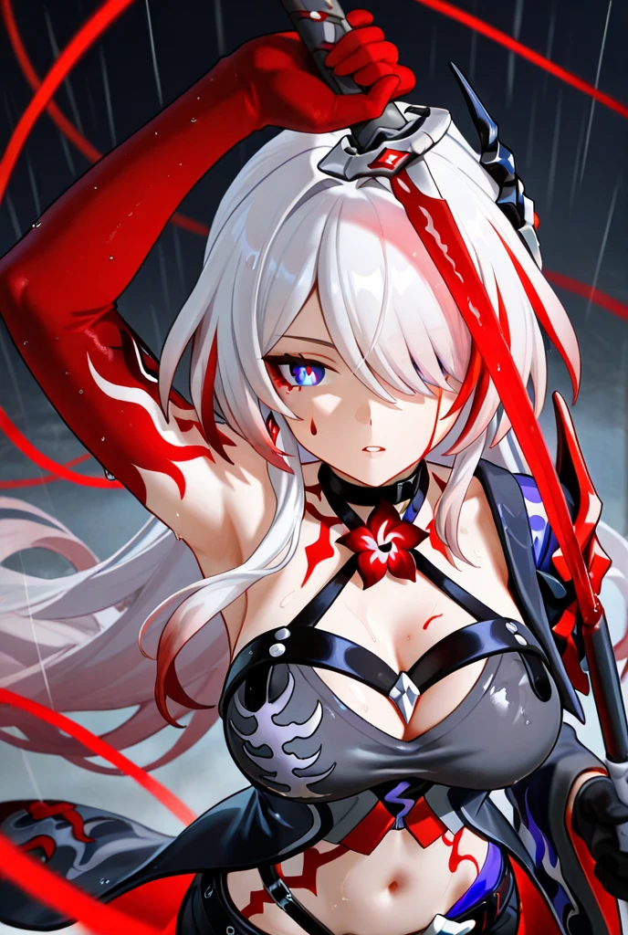 An adult woman half fox and wolf, wide breasts, red eyes, white hair, very angry, in a black bikini, on her back, looking back, holding a sword