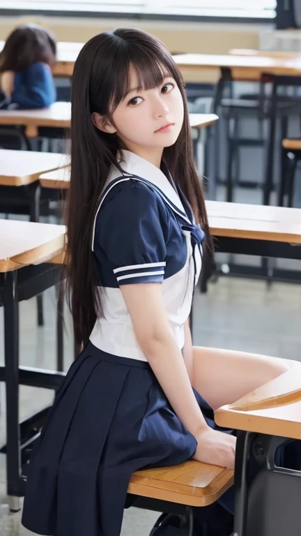 High resolution, Realistic, Hyperrealism, Ultra Sharpness, Detailed eyes, (classroom, blackboard), (Rows of desks, Chair), The best light, break, (One girl:1.5), (alone:1.5), Browsing Caution, Japanese, Idol, cute, 18-year-old, Silk Skin, Small face, Ridiculously long hair, Swept-apart bangs, break, (High school summer uniform, The uniform consists of a short-sleeved white collared shirt and a navy blue pleated skirt, The uniform has a small plain dark blue bow tie, the uniform does not have any logo), (chest_outside:1.3), (Beautiful nipples, Small areola), white ankle socks, Black Loafers, break, Sitting, (Spread your legs), (Show the cat), (Spreading pussy:1.4), (Happy:1.5), Angelic_smile, (From below:1.5), (anus:1.5)