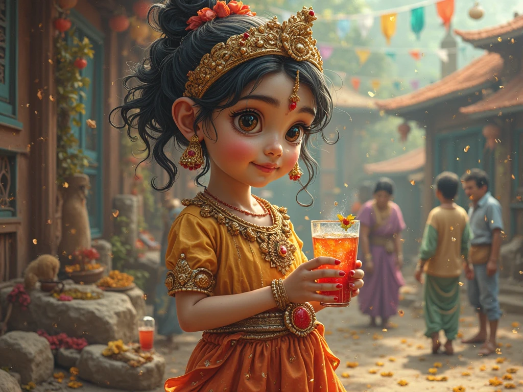 beautiful indian girl in an animated world, long detailed brown hair, piercing blue eyes, wearing a yellow saree, holding a glass, extremely detailed, highly realistic 4k, intricate jewelry, cinematic lighting, detailed facial features, photorealistic, elegant pose, lush garden background, vibrant colors, dreamlike atmosphere