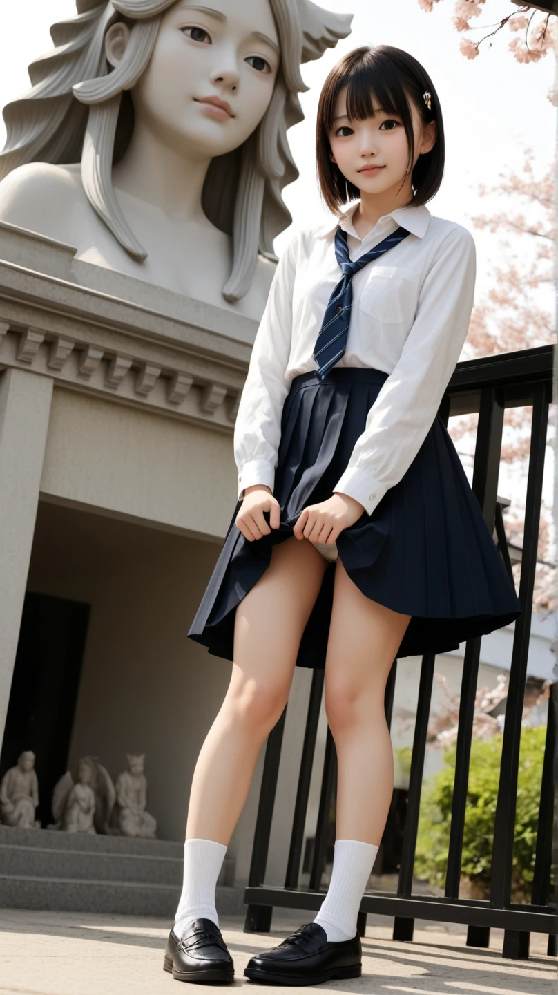 Top quality, high image, 1 woman, 18 years old, school stairs, black jacket, Medium breasts,white blouse,(plaid miniskirt), cotton panties,upskirt,from below1.3