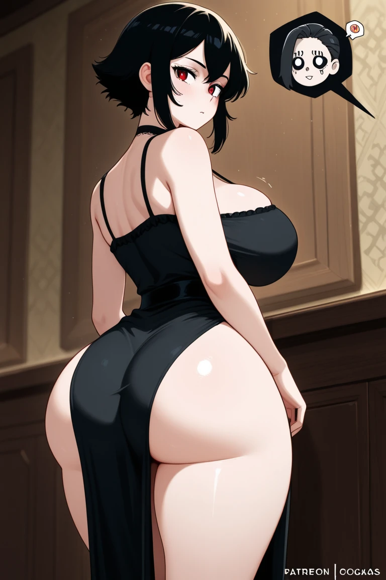 (masterpiece:1.2, best quality:1.2, beautiful, high quality, highres:1.1, aesthetic), detailed, extremely detailed, ambient soft lighting, 4K, perfect eyes, perfect face, perfect lighting, 1girl, solo, shinomiya kaguya, closed mouth, light smile, black hair, red eyes, short hair, folded ponytail, hair ribbon, black dress, red ribbon, huge , huge breuge thighs, narrow waist, wide hips, thick thighs, curvy, ponytail, cleavage, nt, clown outfit, colorful outfit, skintight outfit, jester hat, pointy shoes, smile,