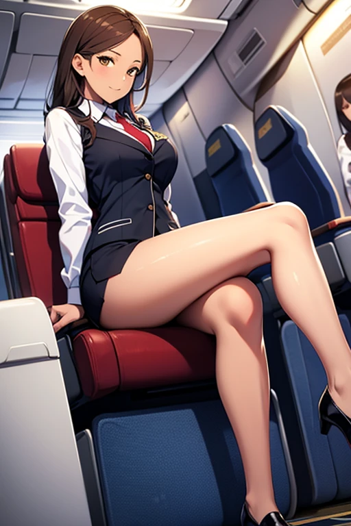 (((Flight attendant winter uniform))), The highest dignity, charisma, Ultra detailed face, Japanese, Droopy eyes, ((sleepy)), Old-fashioned beauty, Put your hair up, Thigh-high stockings, Nameplate, ID card, (whole body), Hit your groin on the edge of a chair, Leg spread, Lift your legs, Showing panties and pubic hair, Open your mouth, Airplane interior background, customer,