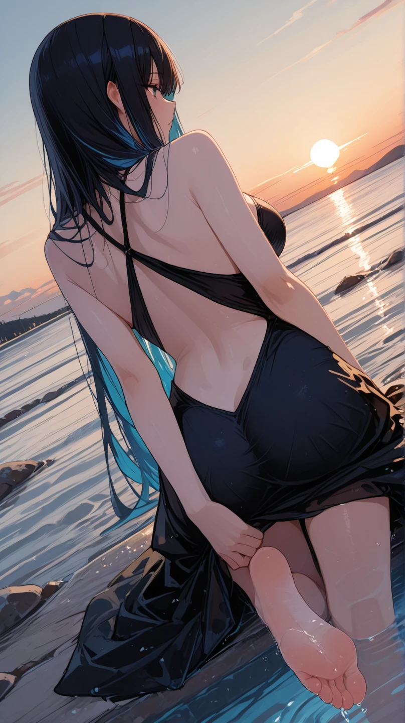 Black Hair，Red Eyes，Carly，Adorable，Teenage Girls，((See-through gorgeous sheer dress in black and purple)))，High heels on your feet，Standing on the surface of the sea，Standing on the surface of the sea，whole body，Fingers and arms are not exposed，Background sea，Blue sky and white clouds，，Happy expression，High quality light and shadow，Artistic Sense((Hair Bun))(Very long hair))((Blunt bangs))((Bitch))((tsurime))((Big eyes))((Skinny body))((expensive))(Pale skin))((Botanical Prints))((infant))((Showing nipples under shirt))((Showing her crotch under her skirt))(Pale skin))((Botanical Prints))((infant))((nsfw))((((5 years old)))(((infant)))((Lolita))