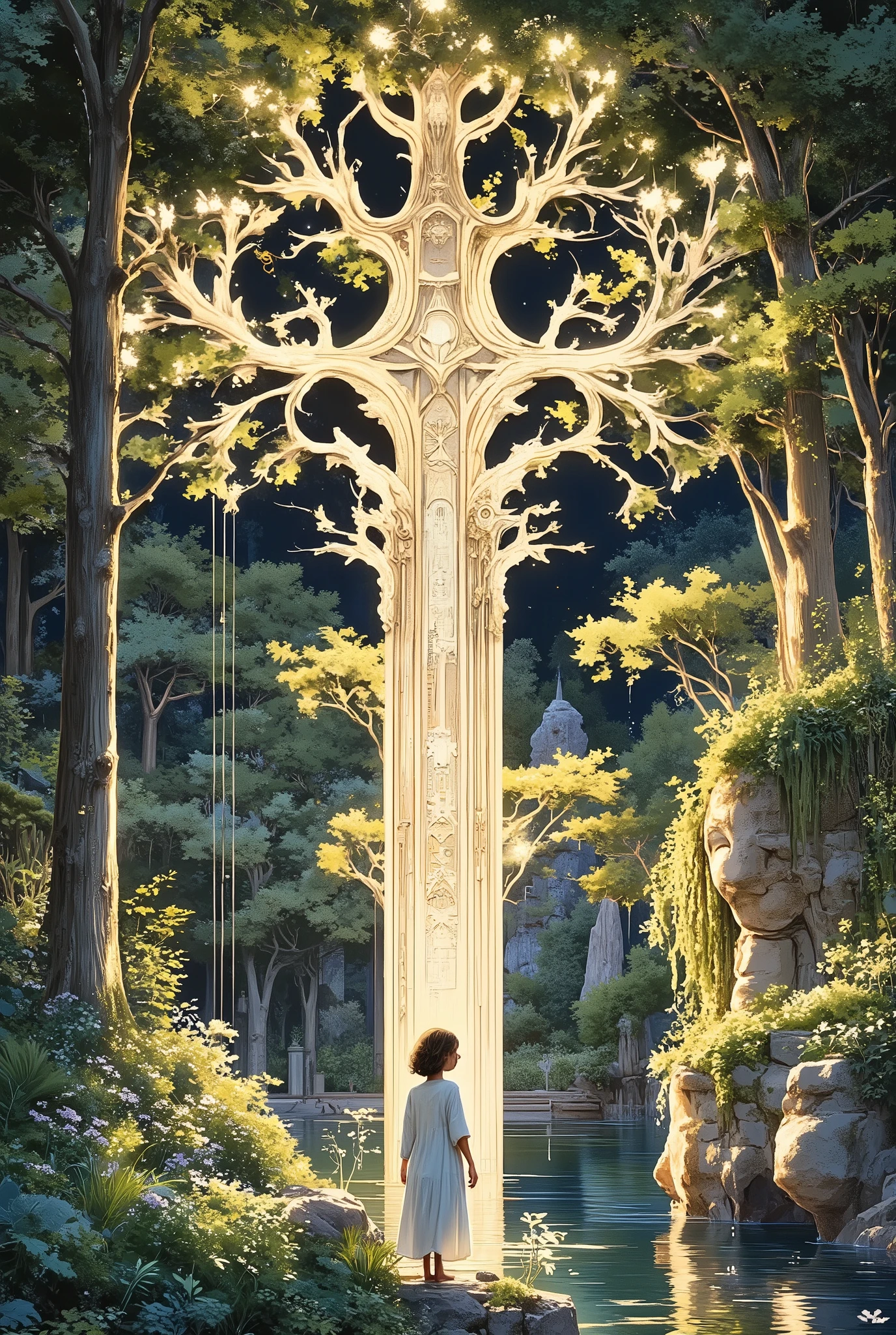 Summer tree design using art deco musha, plants, 1girl、Daytime, lake