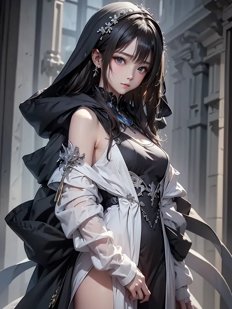 (((masterpiece, of the highest quality, super detailed))), (a female knight of an occult order), ((((a sword with a digital glitch-like effect to the blade as though it is rapidly flickering in and out of reality, with a very slight warping effect around it similar to gravitational lensing, is floating next to her)))), Edwardian/Victorian era inspired, ((minimal but intricate beautiful armour)), Fluttering lace flared dress with frilly petticoats, ((((Highly detailed face))), (((Very sharp focused eyes))), very long eyelashes, small breasts, (((flat chest:1.1))), occult aesthetic, (red and white clothing detailed and intricate steampunk and detailed gothic), (with a hood), complex lace boots