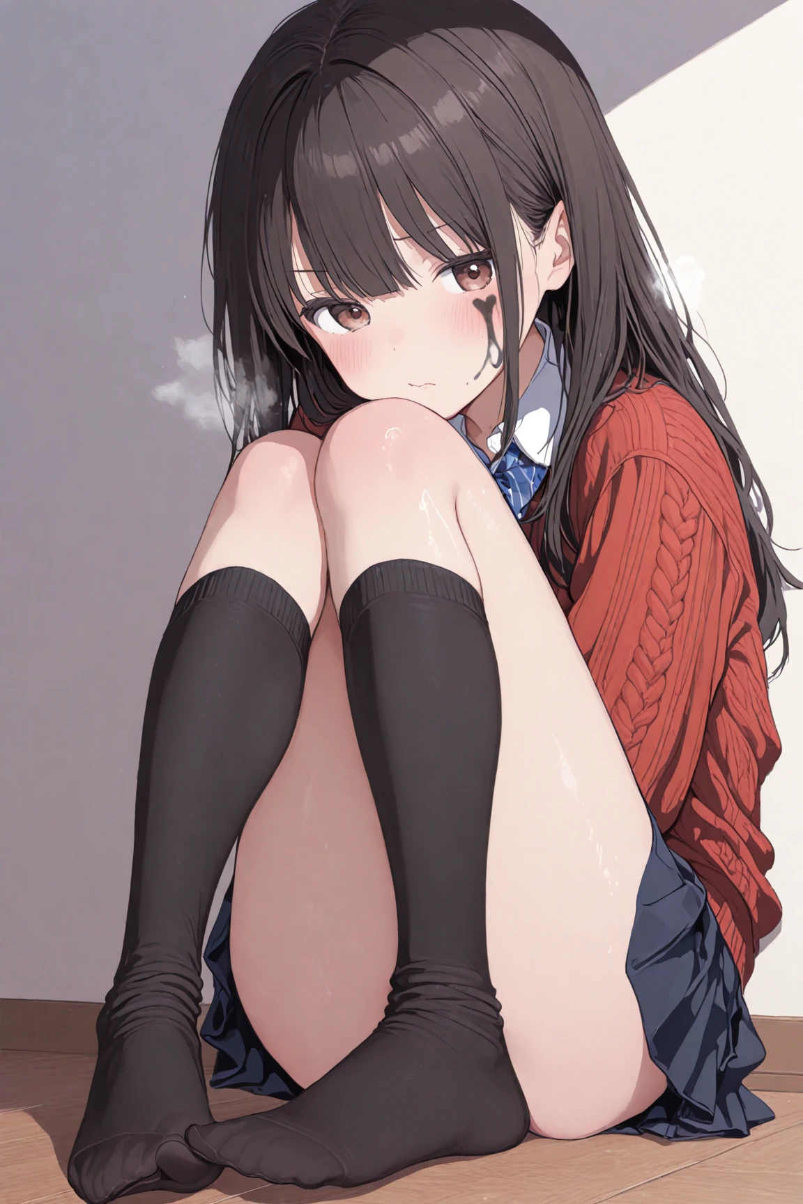 highest quality、masterpiece、two girls、cute、high school girl、mini skirt、Sit on the ground with your knees upright、Kamimei、look at me、(No panties:1.3)、((shaved pussy:1.5)), ((red bow tie, school uniform, black jacket, open jacket, Brown cardigan, white shirt, black skirt, plaid skirt、white socks))