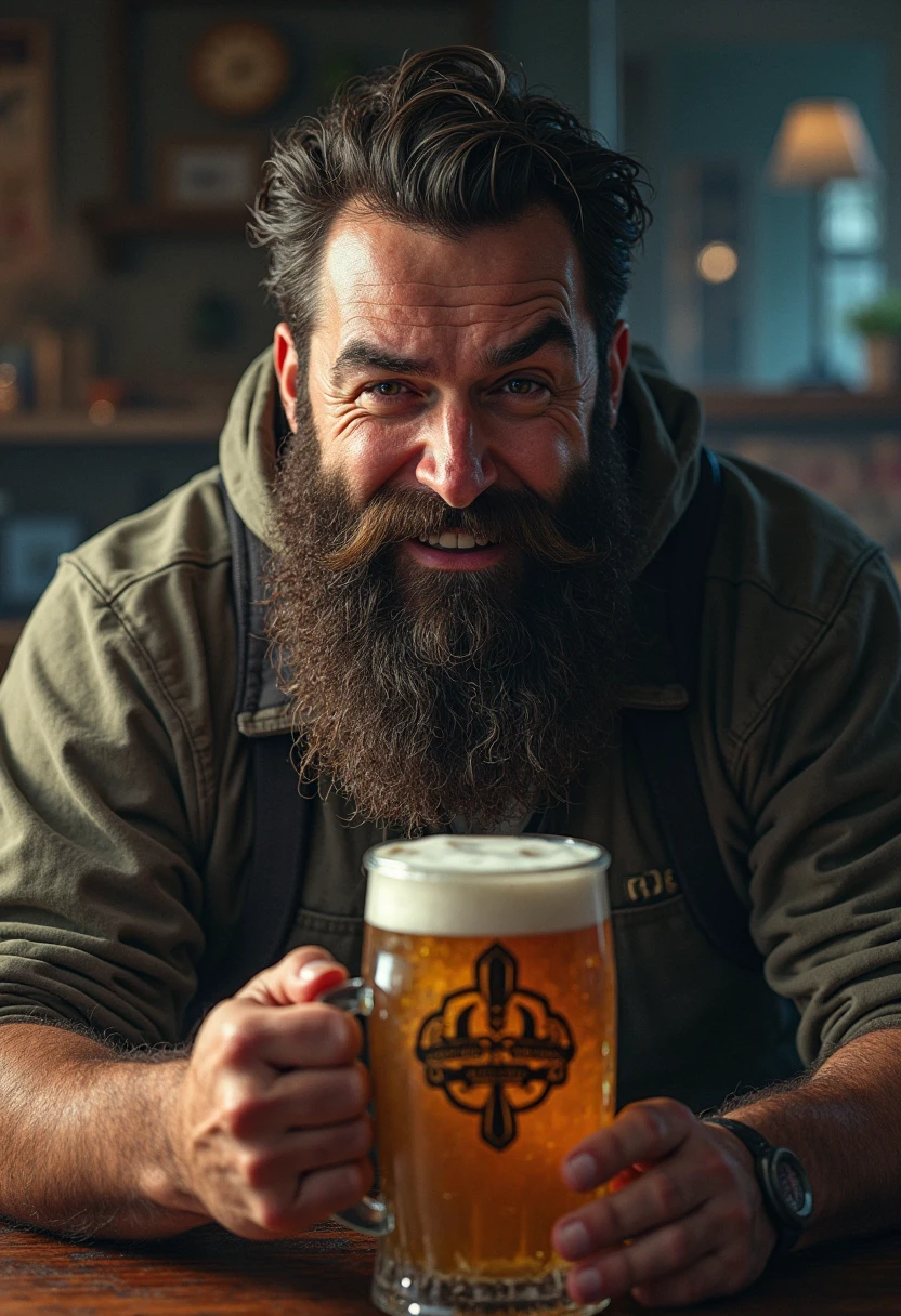 a lovely smiling shaggy hairy bearded woman is holding a mug of beer