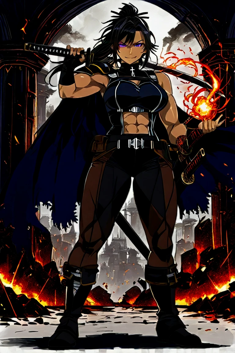 Tall, lightly muscular, woman, butch cut, gladiator, light leather body armor, black hard leather skirt, holding trident spear, black skin, dark skin, black, yellow cat eyes